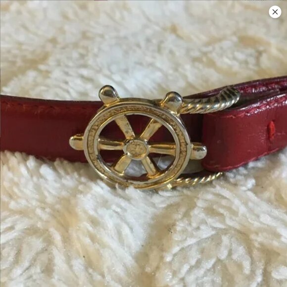 Vintage Red Genuine Leather Novelty Belt With Gold Nautical Ship Wheel Buckle - Picture 5 of 13